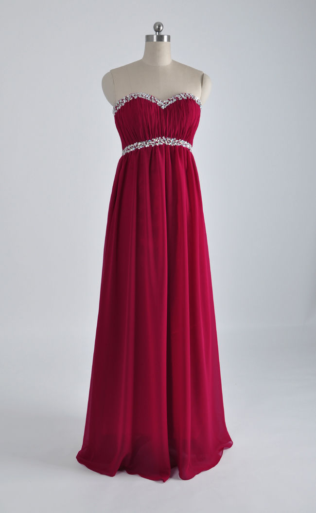 Elegant Sweetheart Burgundy Empire Prom Dresses Long Chiffon Beaded Evening Party Gowns