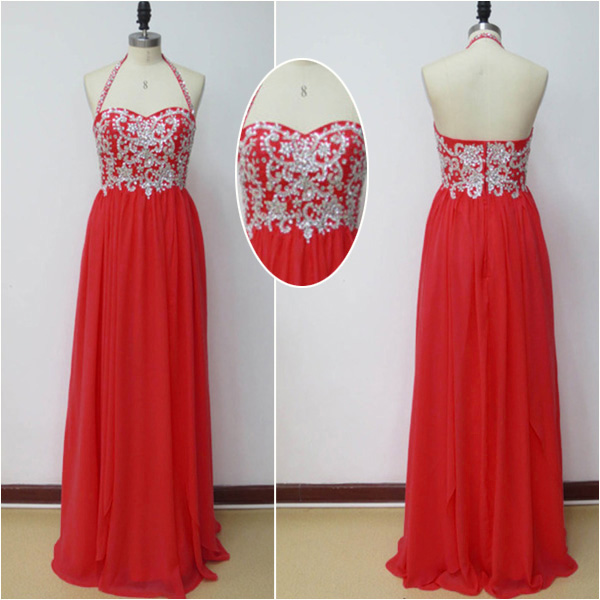 Halter Sweetheart Floor-length Chiffon Dress In Red - Prom Dress, Bridesmaid Dress, Formal Dress