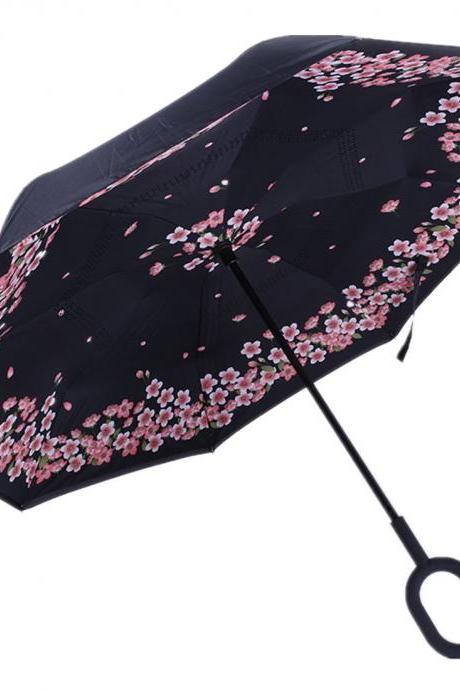 flowers Umbrella。 Anti-UV C-Handle Sun Rain Opposite folding Upside Down Reverse Inverted Umbrella