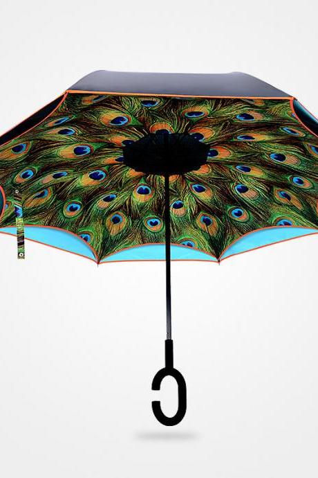  peacock umbrella，Anti-UV C-Handle Sun Rain Opposite folding Upside Down Reverse Inverted Umbrella，Reverse double umbrella, peacock sun umbrellas, creative touch attack cloth umbrella, double layer, prevent bask in car sunshade