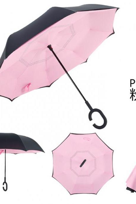 pink umbrella，Anti-UV C-Handle Sun Rain Opposite folding Upside Down Reverse Inverted Umbrella，Reverse double umbrella, peacock sun umbrellas, creative touch attack cloth umbrella, double layer, prevent bask in car sunshade