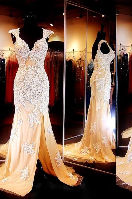 Sexy Sweetheart Mermaid With Applique Natural Waist Side Split Floor Length Tulle Evening Dress Prom Dresses Party Dresses