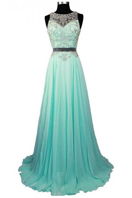 Fashionable Sexy Long Chiffon Prom Dresses Beaded Crystals Evening Gowns,Wedding Party Dresses, Cheap Celebrity Dresses