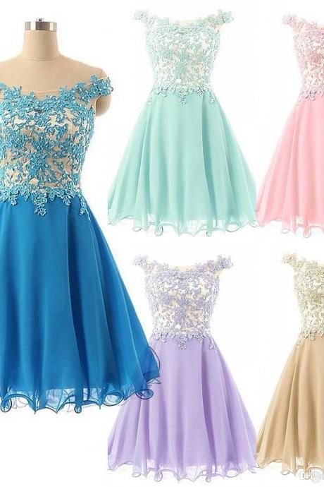 5 Colors Cap Sleeve A Line Chiffon Lace Appliques Beads Sheer Neck Bridesmaid Dress For Party Prom Gown Cheap Cocktail Dress Homecoming Dresses