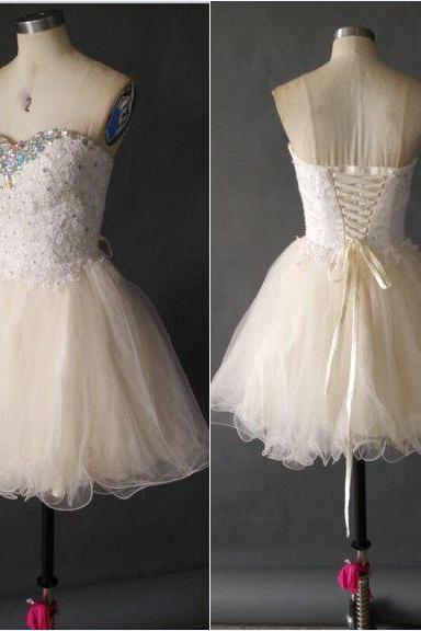 Sweetheart Party Dresses, Short Mini Graduation Dresses, Tulle And Beading Homecoming Dresses, Prom Dress, Lace Apliques Cocktail Dresses