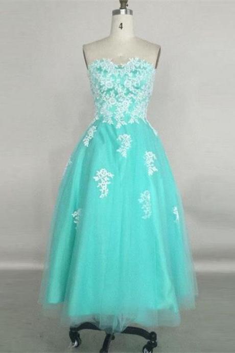 Elegant Ankel Length Turquoise Wedding Party Dresses 2015 A-line Sweetheart Appliques Prom Gowns Celebrity Dress