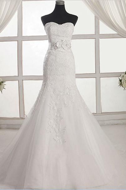Lace Appliqués Sweetheart Floor Length Tulle Mermaid Wedding Dress Featuring Floral Appliqués Belt, Lace-up Back And Train