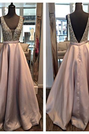 Charming Prom Dress,v-neck Prom Dress,beading Prom Dress,satin Prom Dress,a-line Evening Dress Long Prom Dress