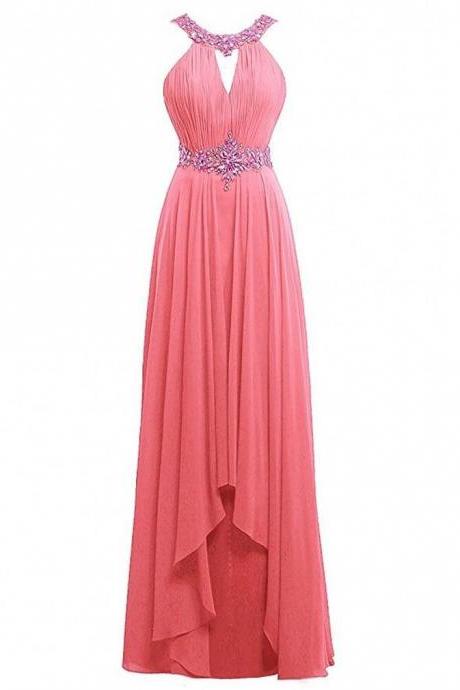Women's Long Scoop Prom Gowns Beaded Chiffon Bridesmaid Dresses Backless Evening Gowns Pd015