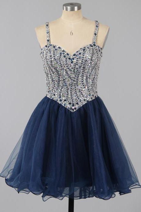 A-line Graduation Dress,backless Party Dress,chiffon Party Dress,sweetheart A-line Beaded Homecoming Dress In Navy Blue