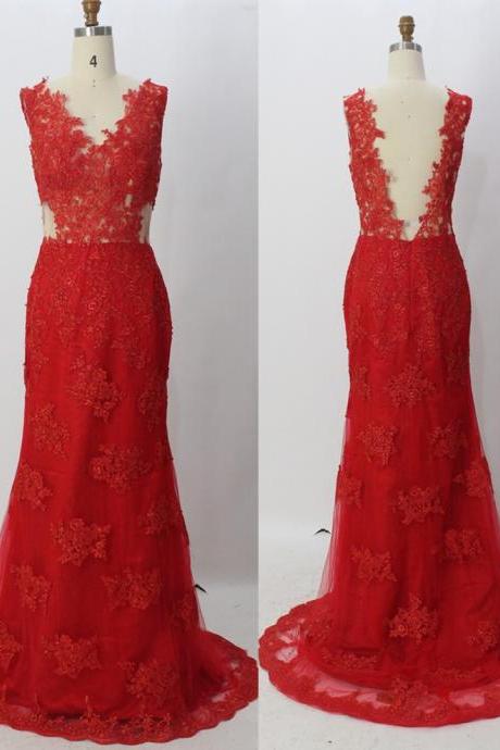 Red Evening Dress V Neck Backless Sleeveless With Appliques Tulle Dresses Floor Length 2016 Sexy Matching Cutaway Side Elegant Sizes Available