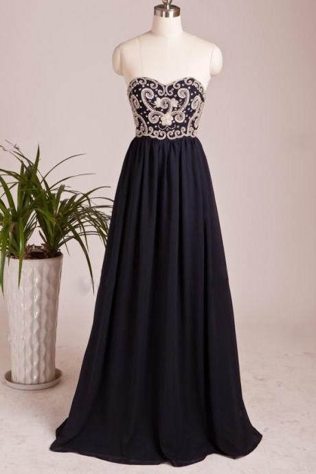 Navy Blue Chiffon Floor Length Prom Dress Featuring Embroidered Sweetheart Bodice Prom Dress, Prom Dress,handmade Prom Dress,custom Made Prom