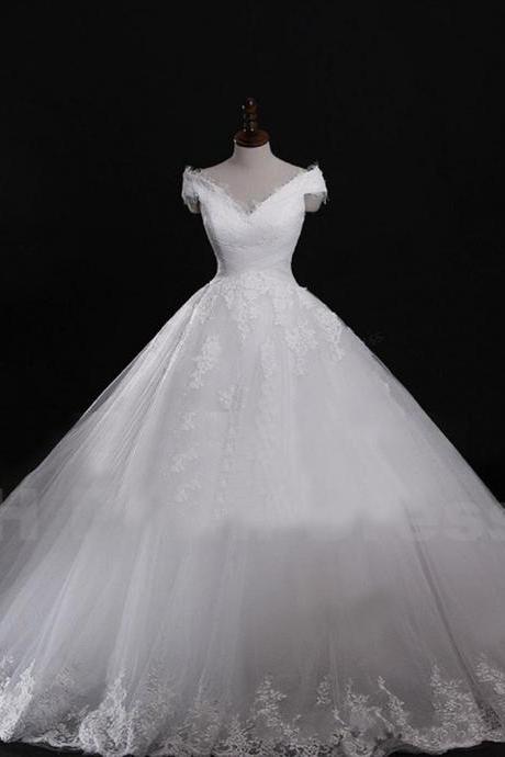 Bateau Neckline A-line Lace Appliqué Wedding Gown With Chapel Train And Lace-up Back