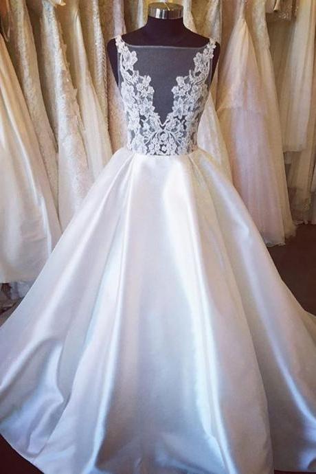 Sabrina Sheer Lace Appliqués Ball Gown Satin Wedding Dress Featuring V-back And Long Train