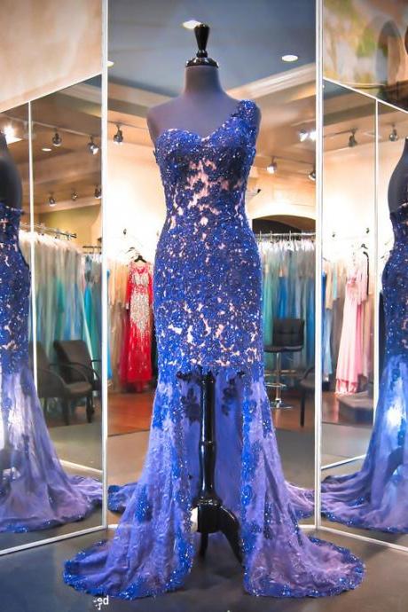 Prom Dress, Prom Dresses,gorgeous Lace Appliques Mermaid Evening Dress 2017 Hi-lo One Shoulder Prom Dress