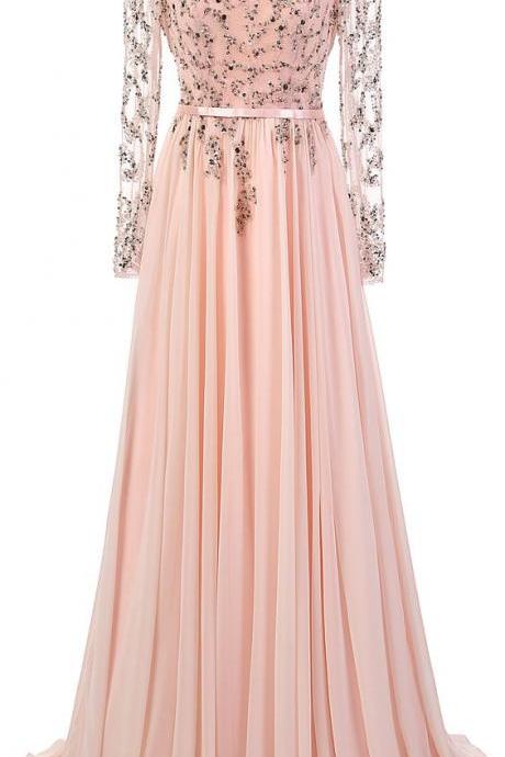 Blush Pink Long Sleeves Floor-length Chiffon Dress - Prom Dress, Evening Gown, Homecoming Dress