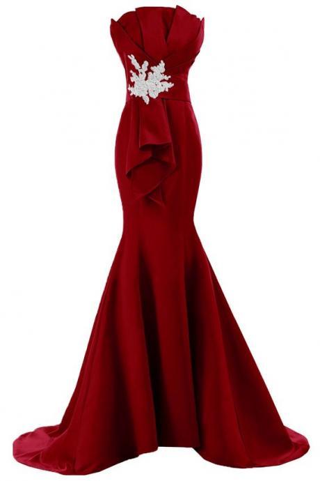 Strapless Burgundy Satin Mermaid Floor-length Dress With Ruched Bodice And Sweep Train