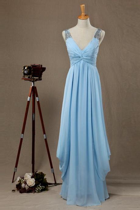 Prom Dress,sexy Evening Gowns Light Blue V Neck Sleeveless Draped Bodice Long Party Dress , Bridesmaid Dress With Straps, Formal Occasion