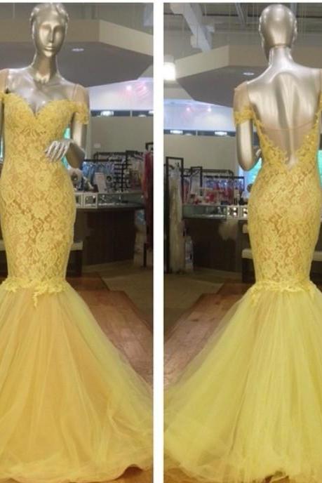 Prom Dress, Prom Dress,modest Prom Dresses,stunning Yellow Off The Shoulder Short Sleeves 2017 Evening Dress Lace Mermaid Prom Gown