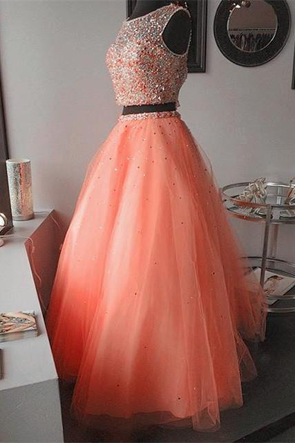 Prom Dress, Prom Dresses,modest Prom Dress,coral Pink Two Piece Ball Gowns Quinceanera Dresses With Crystal Beaded And Sequins