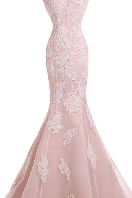 Pink Lace Appliquéd And Beaded Embellished Floor Length Mermaid Evening Gown Featuring Bateau Neckline And Cap Sleeves Bodice