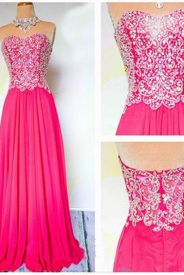 Pink Beaded Embellished Sweetheart Chiffon Floor Length A-line Formal Dress, Prom Dress