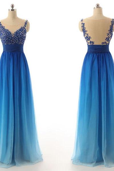 Lace Appliqués Mesh Sleeveless Floor Length Gradient A-line Formal Dress, Prom Dress