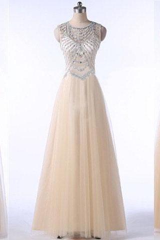 Long Prom Dress, Champagne Prom Dress, Open Back Prom Dress, Tulle Prom Dress, Elegant Prom Dress, Available Prom Dress, Evening Dress