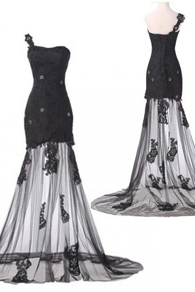 One-shoulder Beaded Black Floor-length Prom Dress With Lace Appliques And Sweep Train
