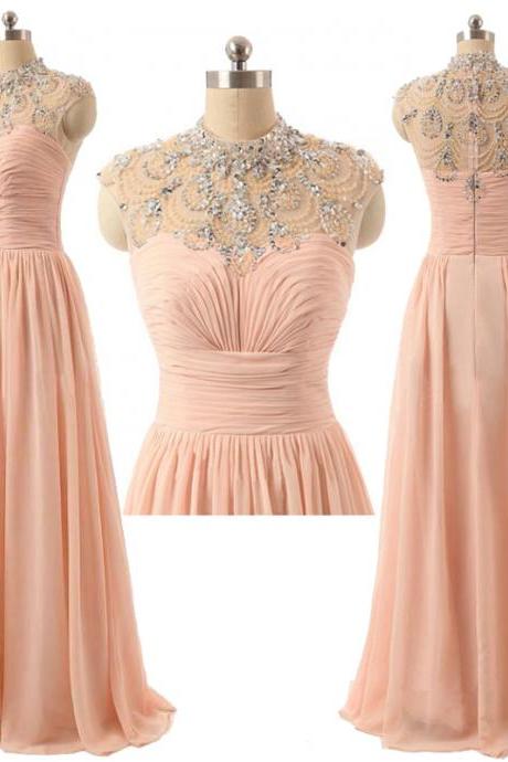 Long Chiffon A-line Prom Dress Featuring Beaded High Neck Bodice With Cap Sleeves