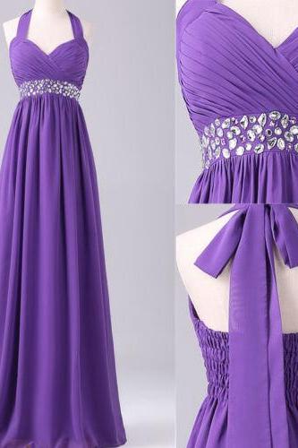 Halter Ruched Beaded A-line Floor-length Prom Dress, Evening Dress, Bridesmaid Dress, Mother Of The Bride Dress