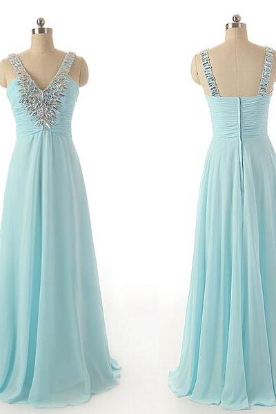 Blue Long Chiffon Prom Dress Featuring Beaded Embellished Plunge V Ruched Bodice