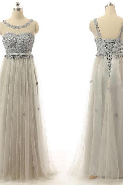 Sleeveless Sheer Lace Appliqués Tulle A-line Floor-length Prom Dress, Evening Dress Featuring Lace-up Back