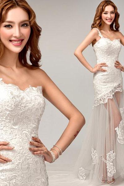 Lace Prom Dress, Long Prom Dress, White Prom Dress, One Shoulder Prom Dress, Charming Prom Dress, Inexpensive Prom Dress,