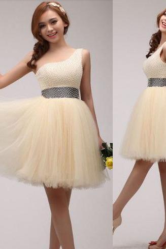 Champagne Prom Dress, Beading Prom Dress, Lovely Prom Dress, Junior Prom Dress, One Shoulder Prom Dress, Homecoming Dress,