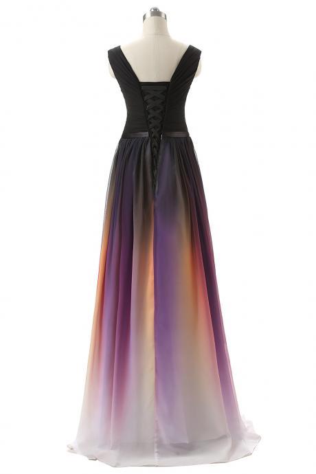 Ombre Chiffon Plunge V Sleeveless Floor Length A-line Bridesmaid Dress Featuring Lace-up Back And Beaded Embellished Belt