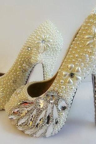 Pearl Wedding Shoes, Bridal Shoes, Bridal, Women Peep Toe Shoes Lady Evening Party Club High Heel Dress Shoes
