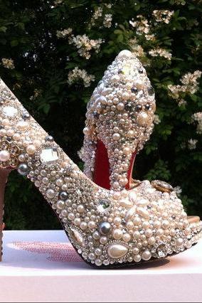 Pearl Wedding Shoes, Bridal Shoes, Bridal, Women Peep Toe Shoes Lady Evening Party Club High Heel Dress Shoes,Elegant pearl wedding shoes, bridal shoes, bridal, bridesmaid heels shoes
