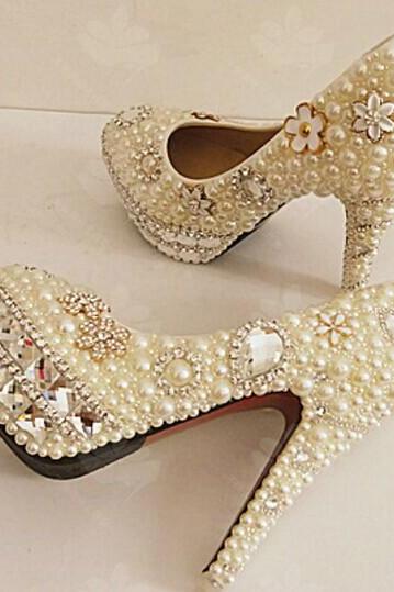 Pearl Wedding Shoes, Bridal Shoes, Bridal, Women Peep Toe Shoes Lady Evening Party Club High Heel Dress Shoes,Unique Pearl floral Dress Shoes Women Rhinestone Bridal Shoes Wedding High Heels Shoes Party Prom Shoes