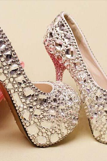 Clearl crystal Bridal Shoes gems high heels wedding shoes Sparkling peep Toes Nightclub party Shoes, Bridal Shoes, Bridal, Women Peep Toe Shoes Lady Evening Party Club High Heel Dress Shoes