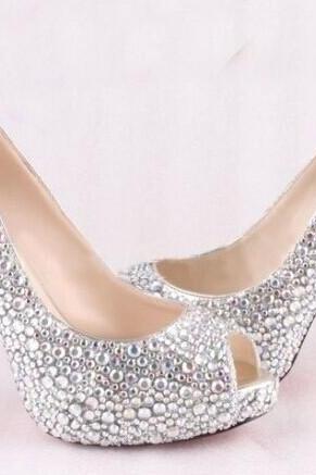 High Quality Luxurious White Rhinestone Wedding Shoes Crystal High Heel Shoes For Women Honeymoon Red Soles Shoes, Bridal Shoes, Bridal, Women