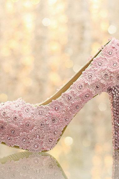 Fashion Pink Lace Flower Wedding Bridal Shoes Diamond Girl Dress Shoes Party Prom Shoes For Wedding Anniversary Party, Bridal Shoes, Bridal,