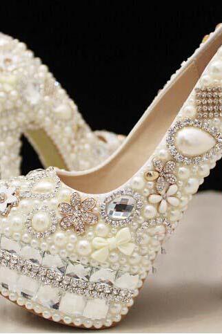 Pearl Wedding Shoes, Bridal Shoes, Bridal, Women Peep Toe Shoes Lady Evening Party Club High Heel Dress Shoes,Unique Ivory Pearl floral Dress Shoes Women Rhinestone Bridal Shoes Wedding High Heels Shoes Party Prom Shoes free shipping
