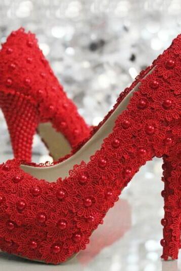 Fashion Red Lace Flower Wedding Bridal Shoes Pearl Girl Dress Shoes Party Prom Shoes For Wedding Anniversary Party, Bridal Shoes, Bridal, Women