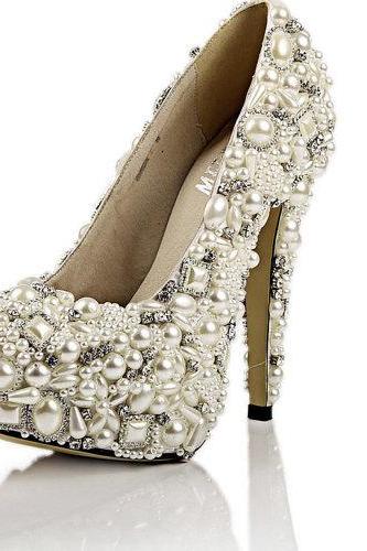 Pearl Wedding Shoes, Bridal Shoes, Bridal, Women Peep Toe Shoes Lady Evening Party Club High Heel Dress Shoes,fantastic Ivory Pearl Wedding