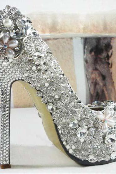 Elegant Wedding Bridal Shoes Heart Rhinestone With Imitation Pearl Floral High Heel Women Wedding Dress Shoes, Bridal Shoes, Bridal, Women Peep