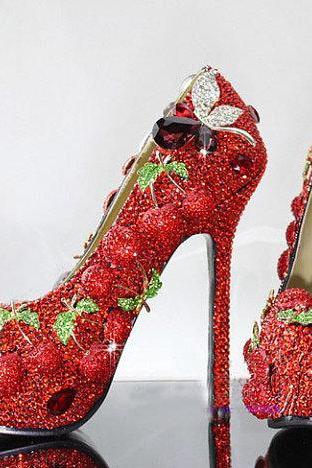 Handmade Red cherry Crystal Bridal Shoes Bling Rhinestone Party Prom Shoes Luxury Cinderella Shoes Platforms Wedding Pumps, Bridal Shoes, Bridal, Women Peep Toe Shoes Lady Evening Party Club High Heel Dress Shoes