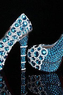 Unique Bling Blue Crystal Diamond Wedding Dress Shoes Handmade Rhinestone Party Prom Shoes Bridesmaid Shoes, Bridal Shoes, Bridal, Women Peep Toe