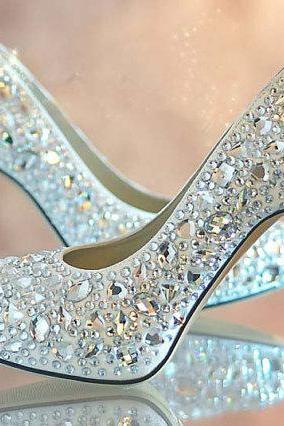 Nice Blue Crystal Lady's Formal Shoes Jeweled Beaded High Heel Bridal Evening Prom Party Wedding Dress Bridesmaid Shoes Wedding