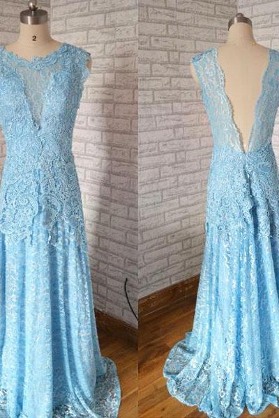 Fashion Cap Sleeves Backless Blue Lace Mermaid Prom Dress,long Elegant Princess Prom Dress.fashion Lace Evenng Dress